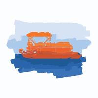 Editable Vector of Side View Pontoon Boat With Water and Sky Illustration in Flat Brush Strokes Style for Artwork Element of Transportation or Recreation Related Design