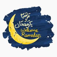 luna creciente editable en la ilustración vectorial del cielo nocturno con estilo de pinceladas y texto marhaban ya ramadan en escritura árabe para dar la bienvenida al concepto de diseño del mes de ayuno islámico vector