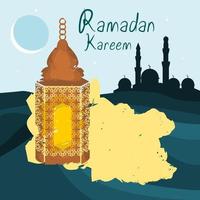 ilustración vectorial de linterna árabe editable en estilos de pinceladas con silueta de mezquita en el desierto para el concepto de diseño ramadan kareem y eid mubarak vector