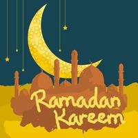 Editable Ramadan Kareem Design Concept With Brush Strokes Styles of Mosque Silhouette on Desert and Patterned Crescent Moon and Hanging Stars at Night Scene Sky vector