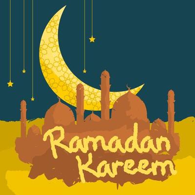 Editable Ramadan Kareem Design Concept With Brush Strokes Styles of Mosque Silhouette on Desert and Patterned Crescent Moon and Hanging Stars at Night Scene Sky