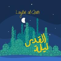 Editable Patterned Mosque Vector Illustration With Arabic Script of Laylat al-Qadr and Night Sky With Moon and Stars for Islamic Prayer During Ramadan Month Related Design Concept