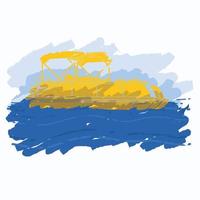 Editable Isolated Flat Brush Strokes Style Pontoon Boat on Wavy Water and Sky Vector Illustration and Semi-Oblique Side View for Artwork Element of Transportation or Recreation Related Design