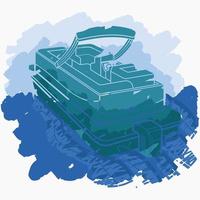 Editable Isolated Flat Brush Strokes Style Three-Quarter Top Oblique View Pontoon Boat on Wavy Water Vector Illustration for Artwork Element of Transportation or Recreation Related Design