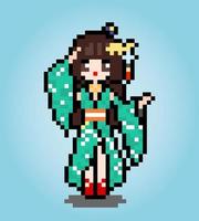 Personaje femenino de 8 bits de píxeles. la chica de dibujos animados de anime usa ropa de kimono en ilustraciones vectoriales para activos de juegos o patrones de punto cruzado. vector