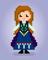 Chica de píxeles de 8 bits con cabello largo, píxeles de princesa para activos de juego y patrones de punto cruzado en ilustraciones vectoriales. vector