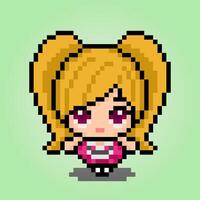 8 bit of pixel women's character. Anime cartoon girl in vector illustrations for game assets or cross stitch patterns.