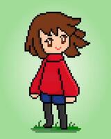 Personaje femenino de 8 bits de píxeles. anime de mujeres en ilustraciones vectoriales para activos de juegos o patrones de punto cruzado. vector