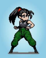 Personaje femenino de 8 bits de píxeles. ejército de anime femenino en ilustraciones vectoriales para activos de juego o patrones de punto cruzado. vector