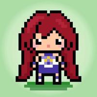 Personaje femenino de 8 bits de píxeles. chica de dibujos animados de anime en ilustraciones vectoriales para activos de juegos o patrones de punto de cruz. vector