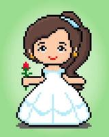 Chica de píxeles de 8 bits sosteniendo flores, píxeles de princesa para los activos del juego y patrones de punto cruzado en ilustraciones vectoriales. vector