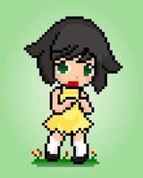 Personaje femenino de 8 bits de píxeles. anime femenino avergonzado en ilustraciones vectoriales para activos de juegos o patrones de punto cruzado. vector