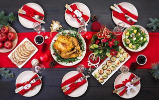 Baked turkey. Christmas dinner. The Christmas table is served with a turkey, decorated with bright tinsel and candles. Fried chicken, table.  Family dinner. Top view photo