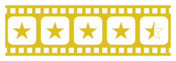 Bild der fünf 5-Sterne-Zeichen in der Filmstreifen-Silhouette. Sternbewertungssymbol für Film- oder Filmkritik, Piktogramm, Apps, Website oder Grafikdesignelement. Bewertung 4,5 Sterne. PNG-Format png