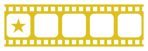 Bild der fünf 5-Sterne-Zeichen in der Filmstreifen-Silhouette. Sternbewertungssymbol für Film- oder Filmkritik, Piktogramm, Apps, Website oder Grafikdesignelement. Bewertung 1 Stern. PNG-Format png