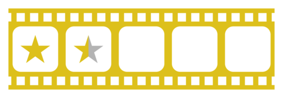 Bild der fünf 5-Sterne-Zeichen in der Filmstreifen-Silhouette. Sternbewertungssymbol für Film- oder Filmkritik, Piktogramm, Apps, Website oder Grafikdesignelement. Bewertung 1,5 Sterne. PNG-Format png