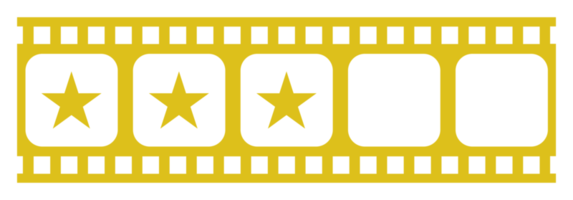 Bild der fünf 5-Sterne-Zeichen in der Filmstreifen-Silhouette. Sternbewertungssymbol für Film- oder Filmkritik, Piktogramm, Apps, Website oder Grafikdesignelement. Bewertung 3 Sterne. PNG-Format png