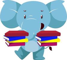 Elephant with books, illustration, vector on white background.