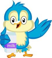 Blue bird is holding milk, illustration, vector on white background.