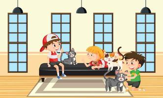 niños jugando con gato vector