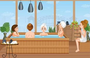 gente disfrutando del spa con bañera de hidromasaje vector