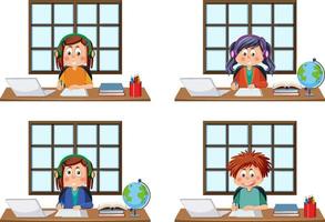 Set of different kids using laptop vector