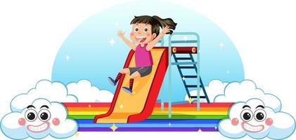 una niña en un tobogán con un arco iris vector