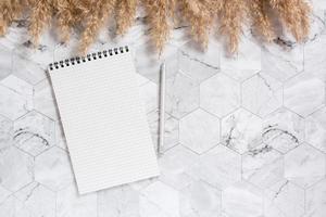 Notepad, pen and dry lush ears framed on a marble background.  Top view. photo