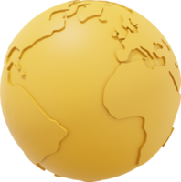 Globe Earth. Minimalist cartoon. Yellow PNG Isolated icon on transparent background. 3D rendering.