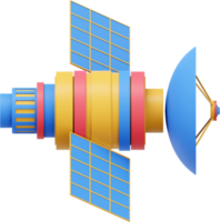 Satélite espacial con antena. estación de comunicación orbital inteligencia, investigación. representación 3d icono png multicolor sobre fondo transparente.