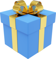 Realistic blue gift box with ribbon. 3D rendering. PNG Icon on transparent background.