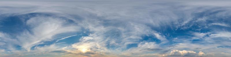 evening dark blue sky hdr 360 panorama with white beautiful clouds in seamless projection with zenith for use in 3d graphics or game development as sky dome or edit drone shot for sky replacement photo