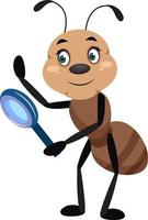 Ant with magnifying tool, illustrator, vector on white background.