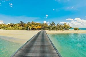 Amazing panorama at Maldives. Luxury resort villas pier seascape with palm trees, white sand and blue sky. Beautiful summer landscape. Tropical beach background for vacation holiday. Paradise island photo