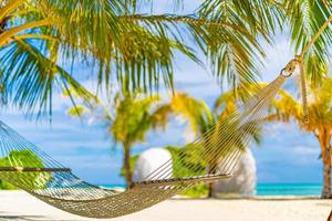 Idyllic beach with coconut trees and hammock, tranquil relaxing summer vibes. Recreational closeup, peaceful beach landscape. . Perfect beach scene vacation and summer holiday concept