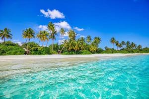 Summer travel background. Exotic tropical beach island, paradise coast. Palm trees white sand, amazing sky ocean lagoon. Fantastic beautiful nature background, sunny day idyllic inspirational vacation