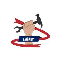 Happy labor day vector label with hand fist isolated on white background