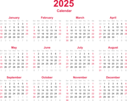 12 meses calendario año 2025 sobre fondo de transparencia png