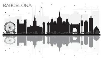 silueta en blanco y negro del horizonte de la ciudad de barcelona con reflejos. vector