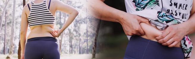 hermosa mujer gorda con cinta métrica usa su mano para exprimir el exceso de grasa que está aislado en un fondo blanco. ella quiere perder peso, el concepto de cirugía y descomponer grasa bajo el foto