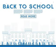 Outline Back to School. Banner with School Bus, Building and Students. vector