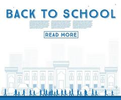 Outline Back to School. Banner with School Bus, Building and Students. vector