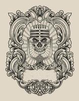 illustration antique skull microphone with engraving style vector