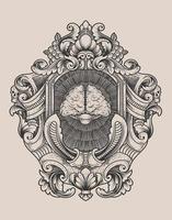 illustration antique brain with engraving style vector