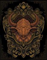 illustration vintage bull with engraving style vector