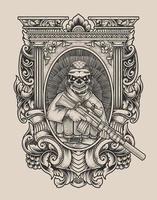 illustration vintage skull army with engraving style vector