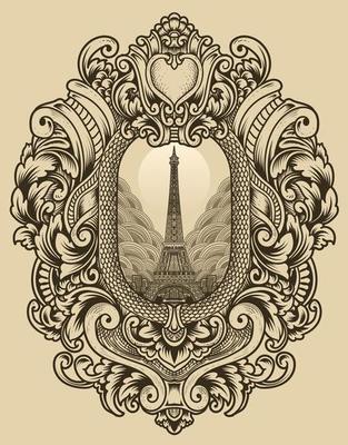 illustration retro eiffel tower with vintage style