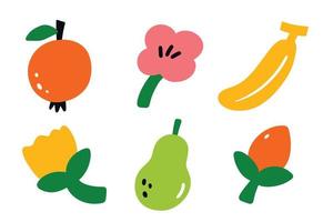 conjunto de frutas y flores en un diseño de ilustración de estilo ingenuo. arte de clip dibujado a mano infantil de moda para elemento de diseño vector