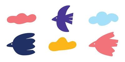 conjunto de aves y nubes en un diseño de ilustración de estilo ingenuo. arte de clip dibujado a mano infantil de moda para elemento de diseño vector