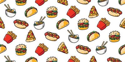 Tasty fast food hand drawn for cute background illustration design. Wallpaper in pattern hand drawn style vector